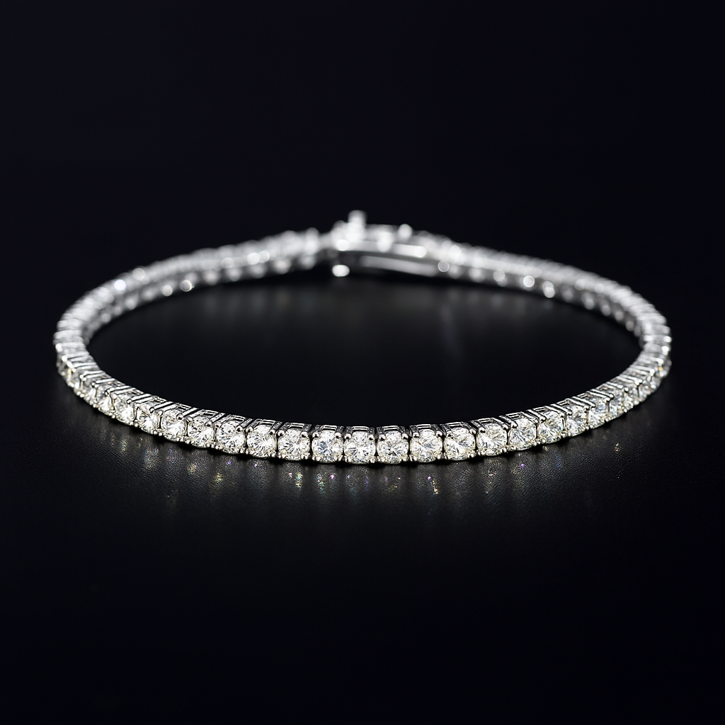 Silver moissanite bracelet with clear stones on a black background