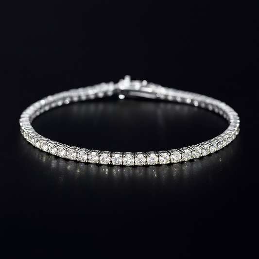 Silver moissanite bracelet with clear stones on a black background